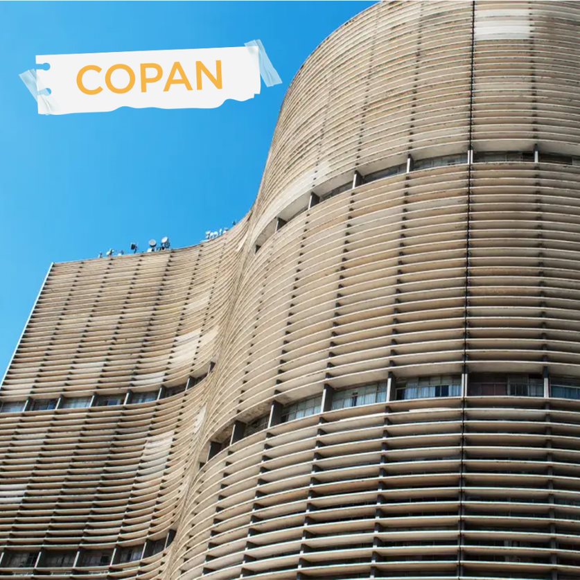 imagem vista de baixo da arquitetura do Edifício Copan, um prédio com formato de onda